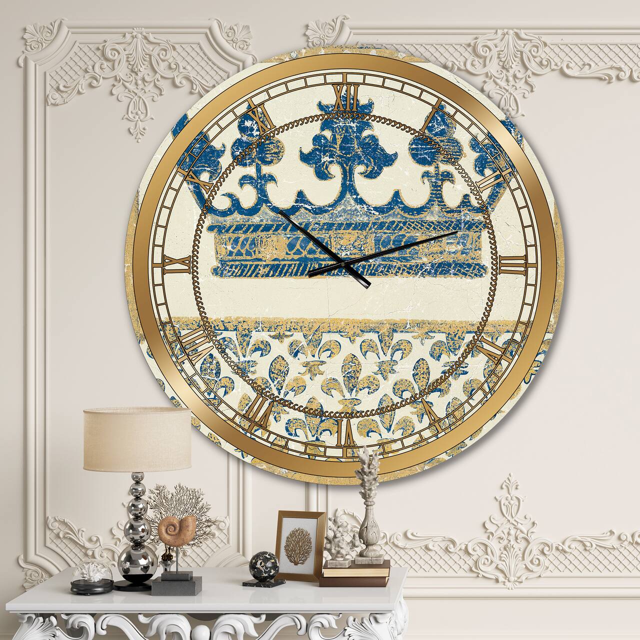 Designart 'Fleur De Lis Gold Crown Glam Wall Clock